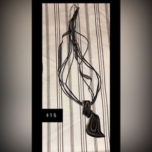 Black and silver glass art charm necklace with a ribbon double chain